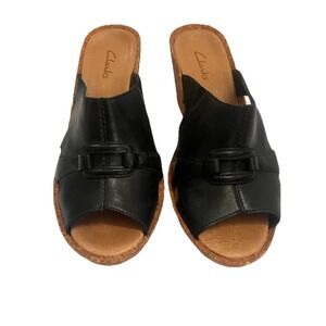 Clarks Black Leather Cork Wedge Heel Open Toe‎ Comfort Slide Sandal Women's